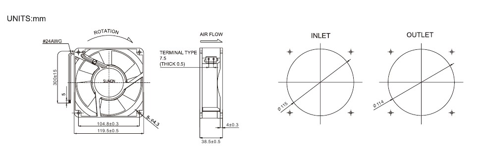 Размеры и исполнение Sunon A2123-HBL 120х120х38